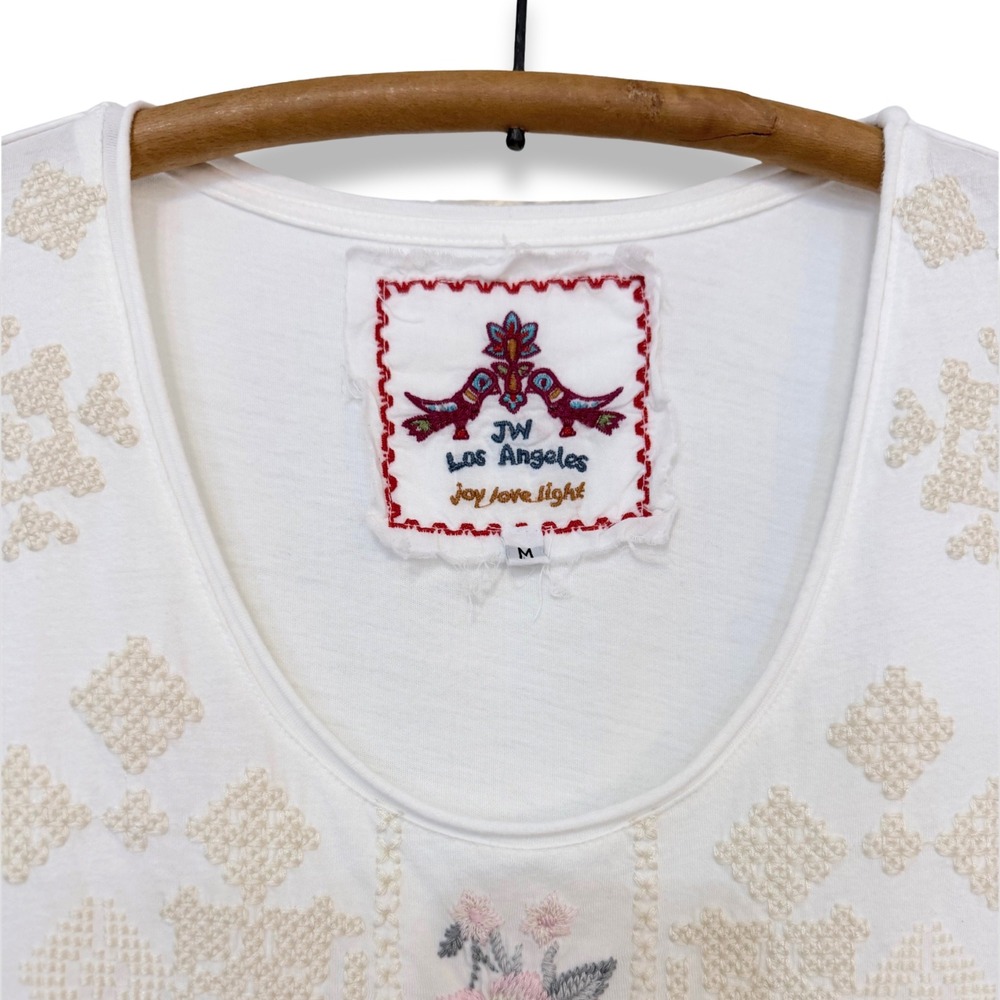 JWLA Johnny Was Embroidered Tunic Tee Sheer Hem Cream White Boho Size Medium - Picture 3 of 7